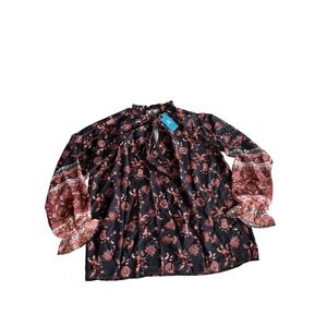 Cupshe Womens Boho Floral Paisley Ruffle Neck Tie Blouse Black Rust NWT Large